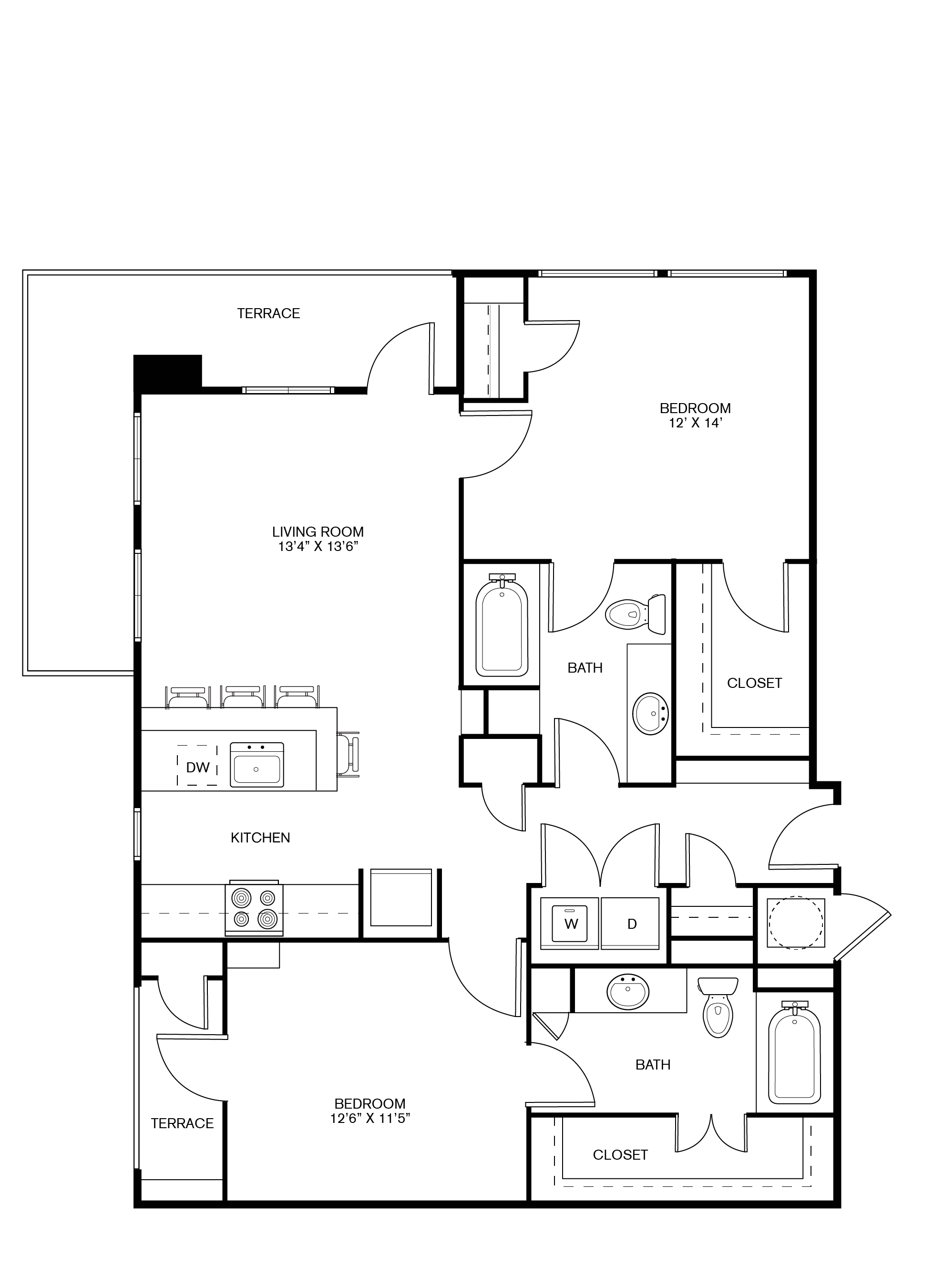 Two bedrooms, two bathrooms, kitchen, pantry, coat closet, living/dining room, two walk-in closets, linen closet and laundry room. 1107 square feet B2 floor plan.